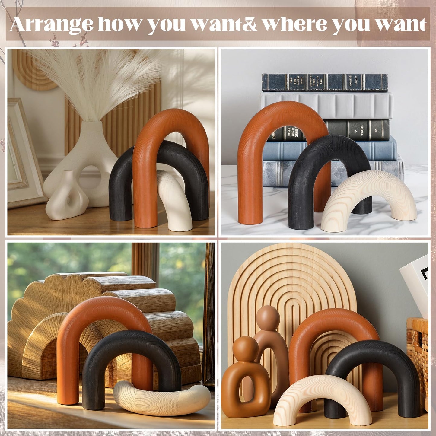Yousoontic 3 Pcs Modern Table Decor Wooden Arch Shelf Decor Cream Black Red Brown Wood Accents for Coffee Table Bookshelf Console Living Room Entryway Farmhouse Home Decoration