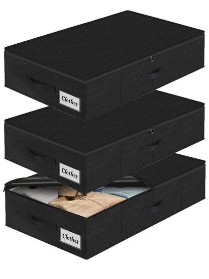 Under Bed Storage Container Bin 3 Pack, Low Profile Foldable Underbed Clothes Storage Organizer W/ Ultra Thick Fabric and Sturdy Bottom/Sides, Dual Zipper Storage Box for Dorm and Home 30x16x6.7"