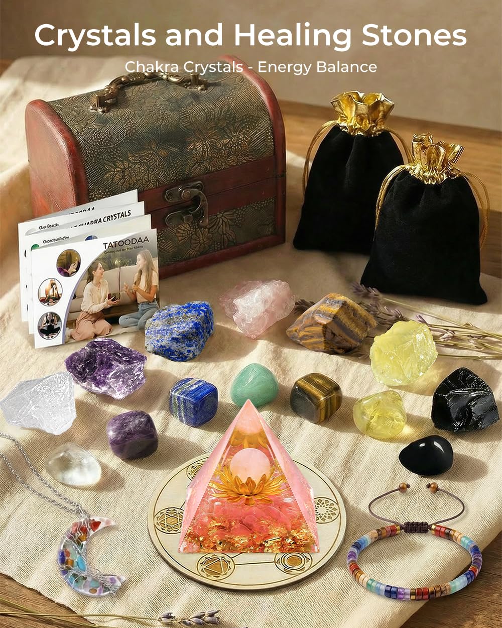 Crystals and Healing Stones Set - Chakra Crystals Gift for Women, Thumb Worry Stones, Rose Pyramid - Flower of Life, Chakra Bracelets, 7 Chakra Stones, Relief Anxiety Stress Birthday Gifts for Women