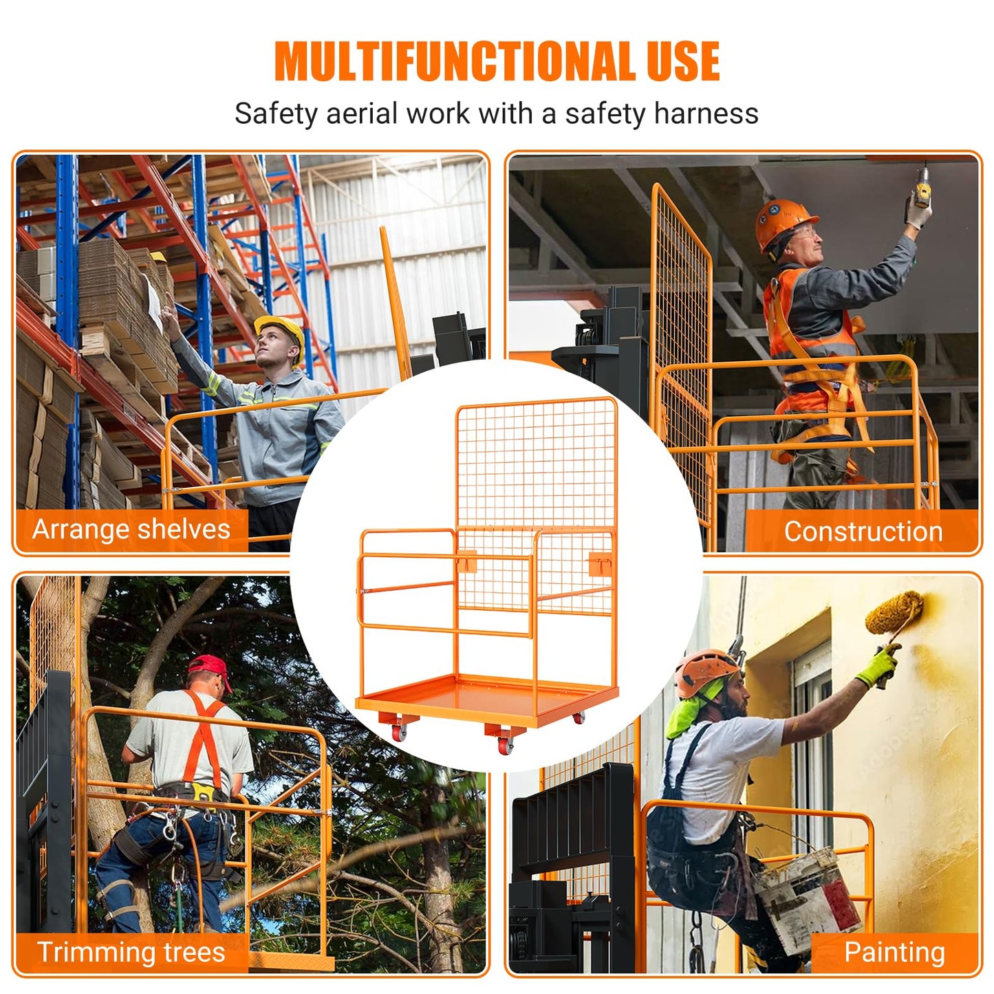 45 in x 43 in Forklift Safety Cage, GarveeTech Max. 2200 LBS Heavy Duty Steel Forklift Man Basket, Foldable Forklift Work Platform with Guardrails, Safety Harness, Wheels, Perfect for Aerial Work