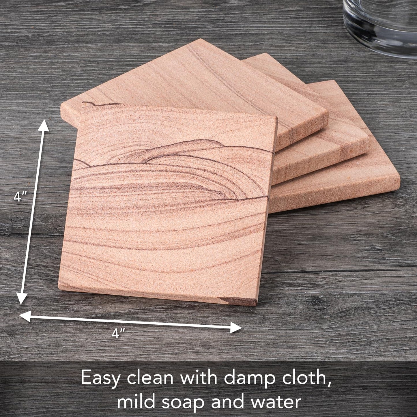 Thirstystone Desert Sand 4 Pack Natural Sandstone Coasters 4” Square Artistic with Protective Cork Backing
