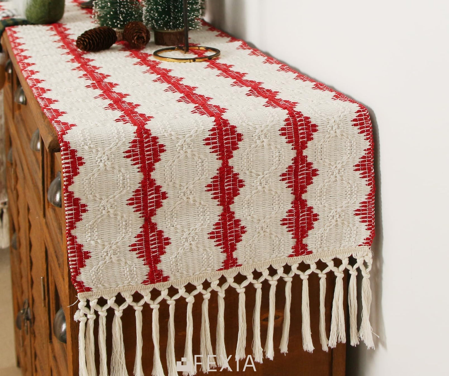 FEXIA Christmas Red Table Runner 13x72 Inches Long Christmas Runner for Table Boho Table Decor Rustic Farmhouse Xmas Decoration for Home Party Decor (Red Square)