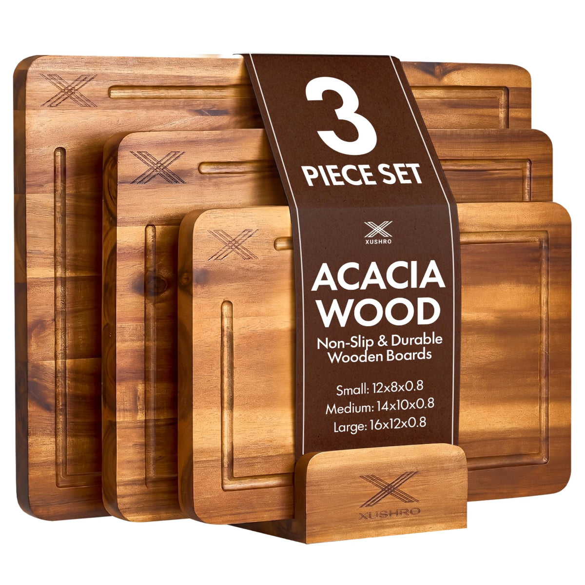 Xushro Acacia Wood Cutting Board Set of 3 with Stand - Thick Wooden Chopping Boards with Deep Juice Grooves - Non-Slip & Durable Wooden Boards for Meat & Vegetables (16x12, 14x10, 12x8) - Natural