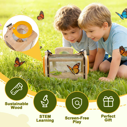 Wooden Bug Catcher Kit for Kids,10PCS Kids Bug Catching Kit with Bug Collector,Butterfly Net,Magnifying Glass,Toddler Bug Habitat Outdoor Explorer Kit Bug Collection,Nature Gift for Boys&Girls