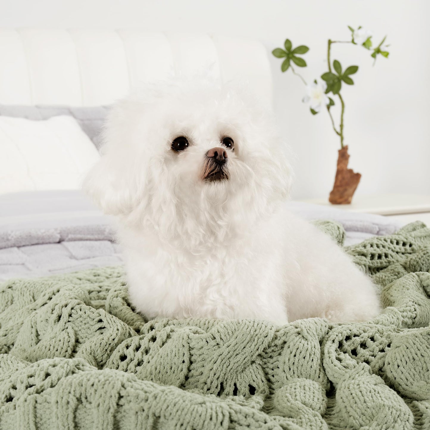 Amélie Home Chunky Knit Throw Blanket, Dual-Sided Soft Chenille Breathable Cable Knitted Blanket for Couch, Farmhouse Decorative Throw for Sofa & Chair, 50"x60", Sage Green