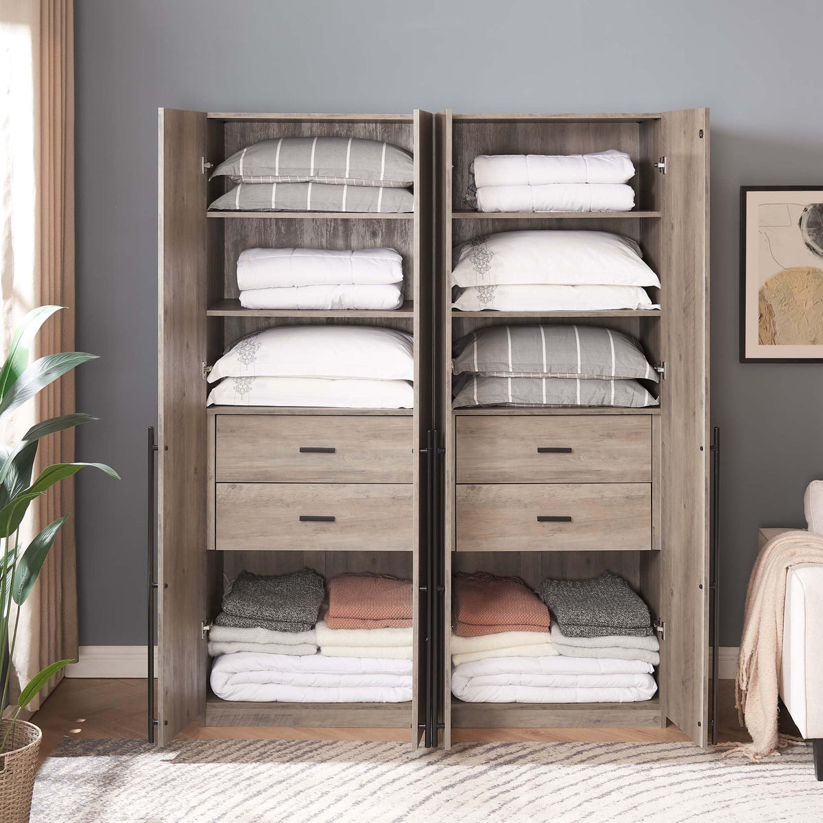 Manhattan Comfort Lee Modern Freestanding Closet 1.0 | Space-Saving Design with 6 Shelves, 4 Drawers & 2 Large Storage Areas | No Tool Assembly Storage Cabinet, 2 Piece Set, Grey