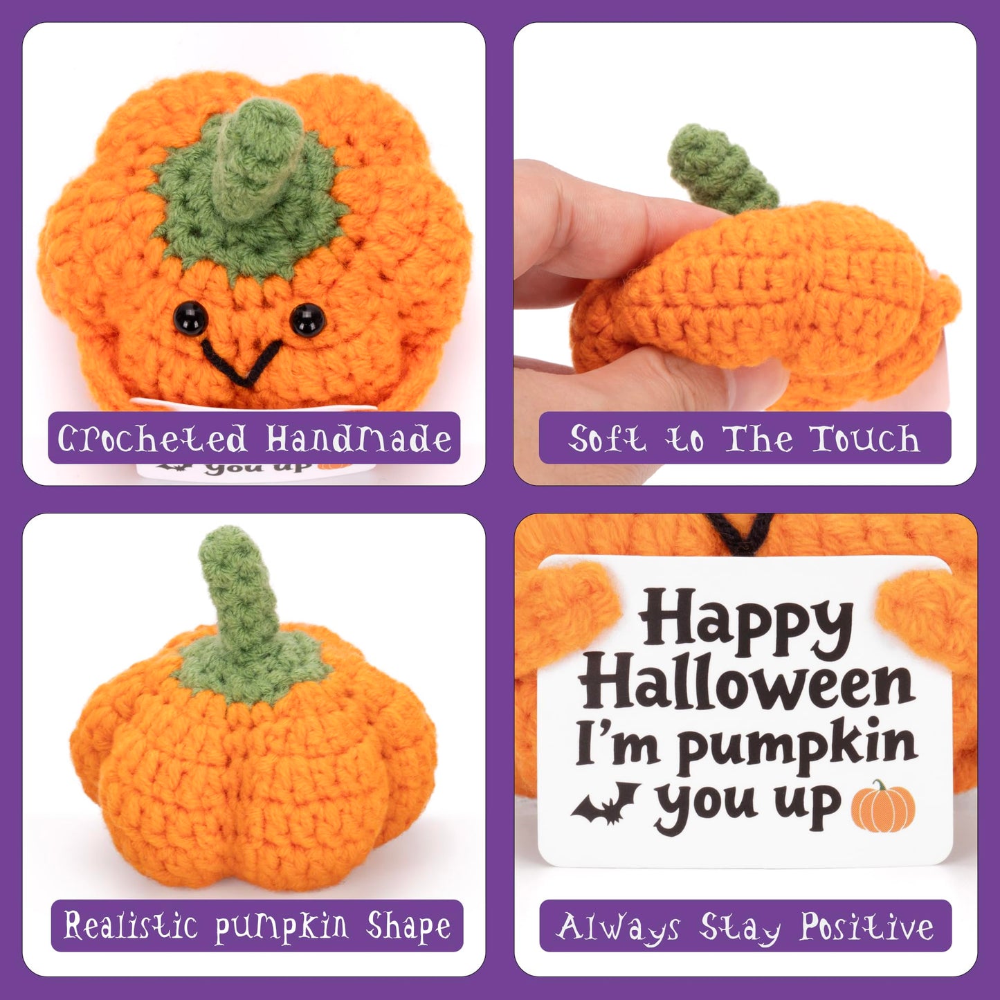 12Pcs Funny Positive Pumpkin Emotional Support Plush, Cute Crochet Toy with Positive Card Cheer Up Dolls Gifts for Halloween Birthday Holiday Party
