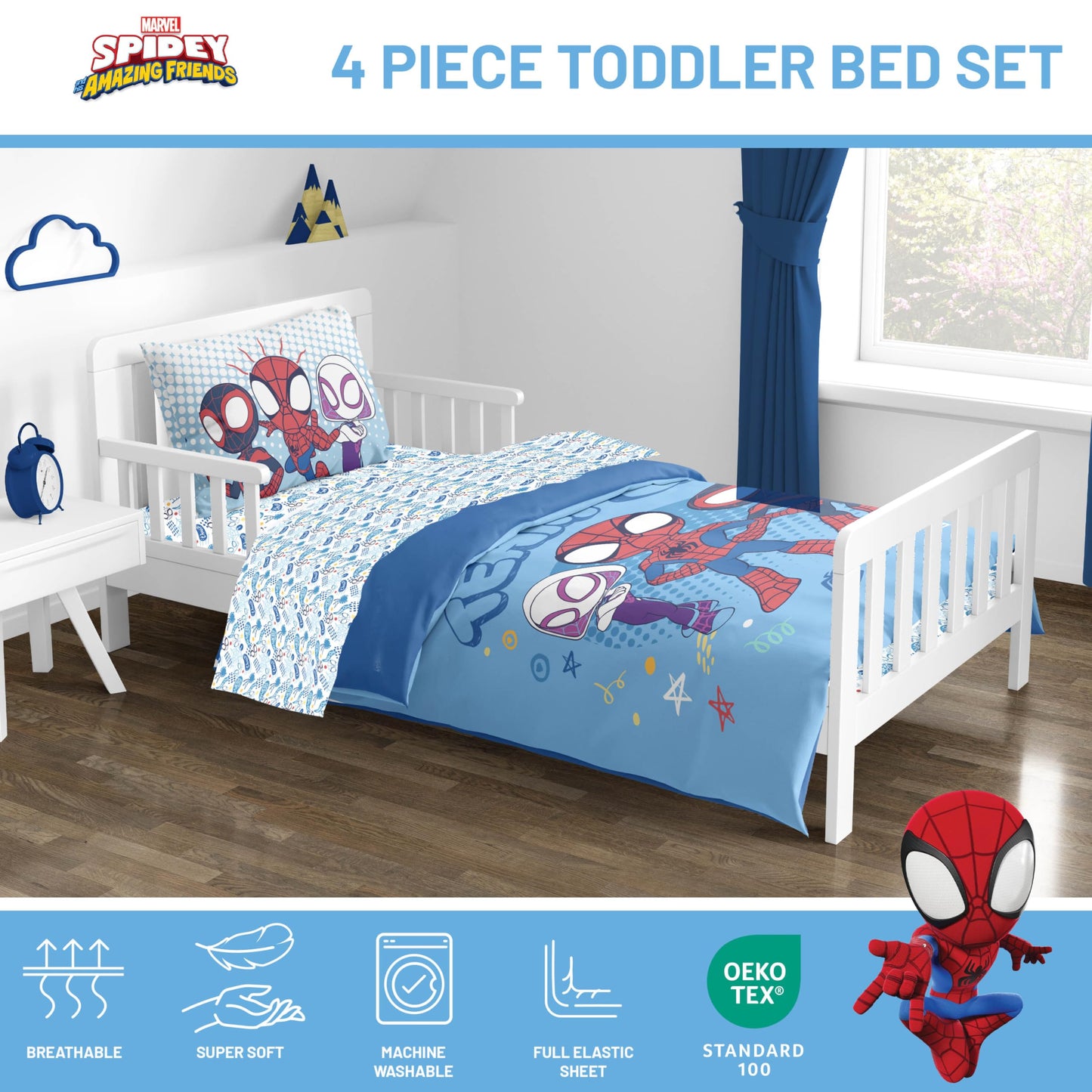 Jay Franco Kids Comforter Set Includes Sheets and Pillow Covers - Soft and Cozy Bed Set for Stylish Room Decor, Light Blue - Spidey & His Amazing Friends, 4 Piece Toddler
