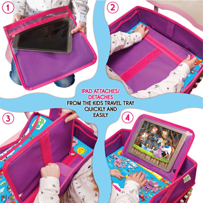 ECOFANTASY Kids Travel Tray - Waterproof Lap Table with No-Drop Large Tablet Holder - Car Seat Tray - Road Trip Essentials Kids - Car Desk Organizer for Airplane - Toddler Travel Essentials (Pink)