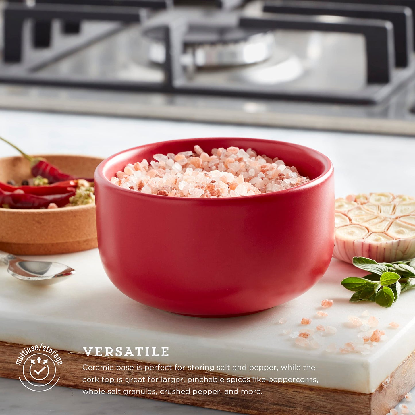Kamenstein Ceramic and Cork Salt Pig with Easy Lift Lid for Easy Access, Red