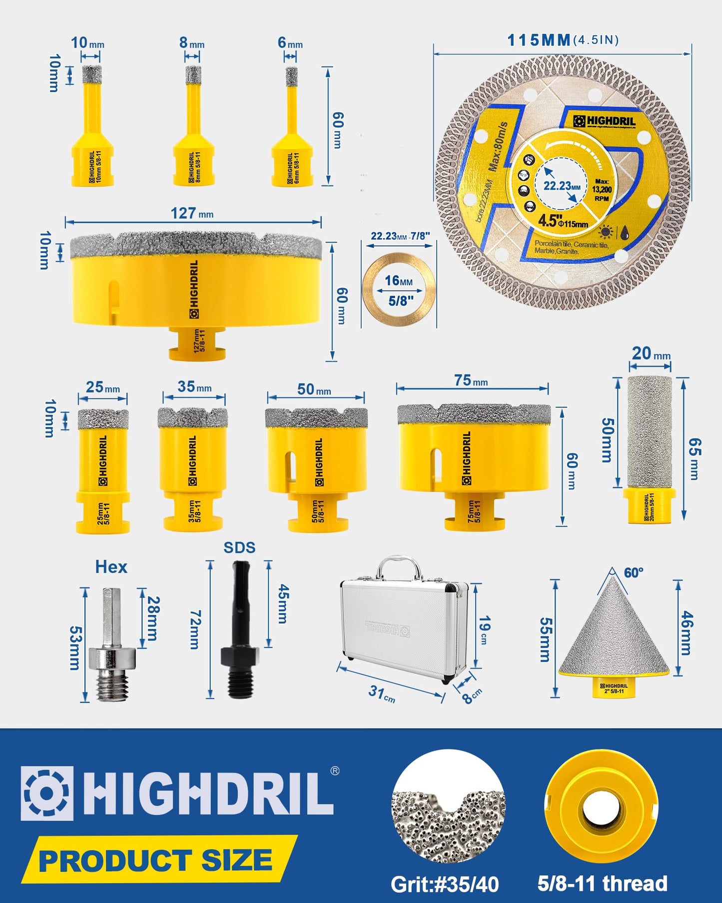 HIGHDRIL 13Pcs Diamond Hole Saw Kit and HIGHDRIL Tuck Point Pin Diamond Bit - 2pcs