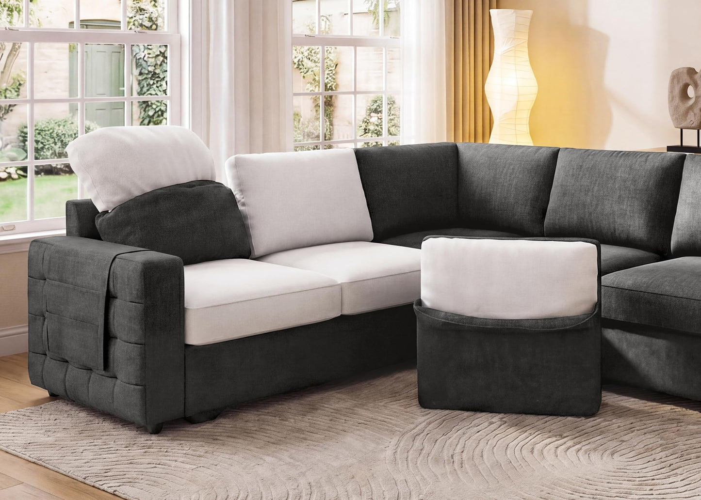 HONBAY Sectional Couch with Pull Out Bed, U-Shaped Sectional Sleeper Sofa with Storage, 6 Seater Sectional Sofa Bed, Mid-Grey
