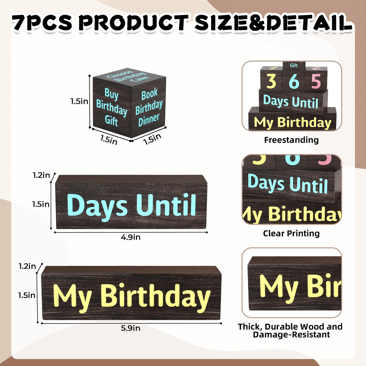 7 Pcs 365 Days Countdown Birthday Wooden Table Decor, Birthday Activities Decision Dice Rustic Table Centerpiece Decorations for Home Office