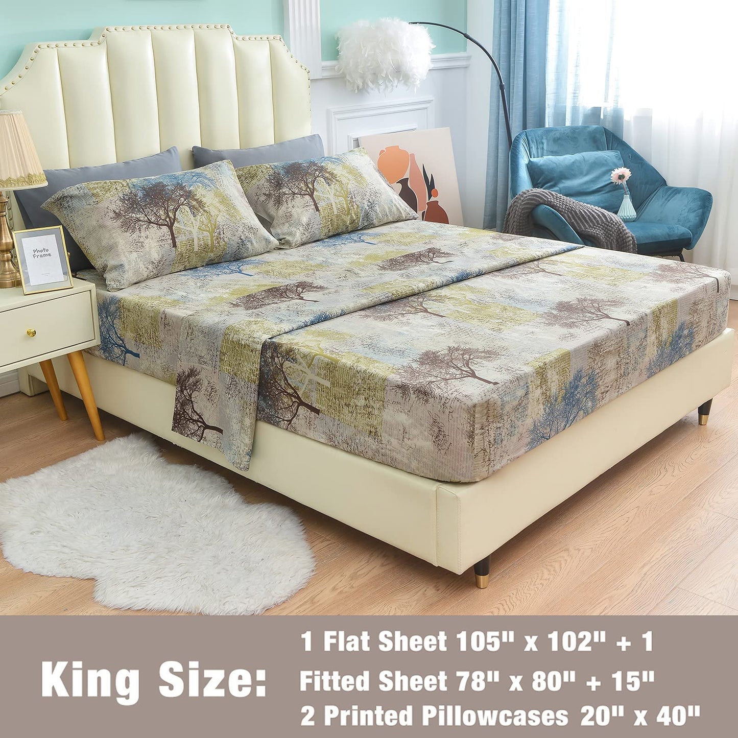 JSD Rustic Print Sheet Set King Size,4 Piece Tree Pattern Soft Microfiber Bed Sheets Extra Deep Pocket