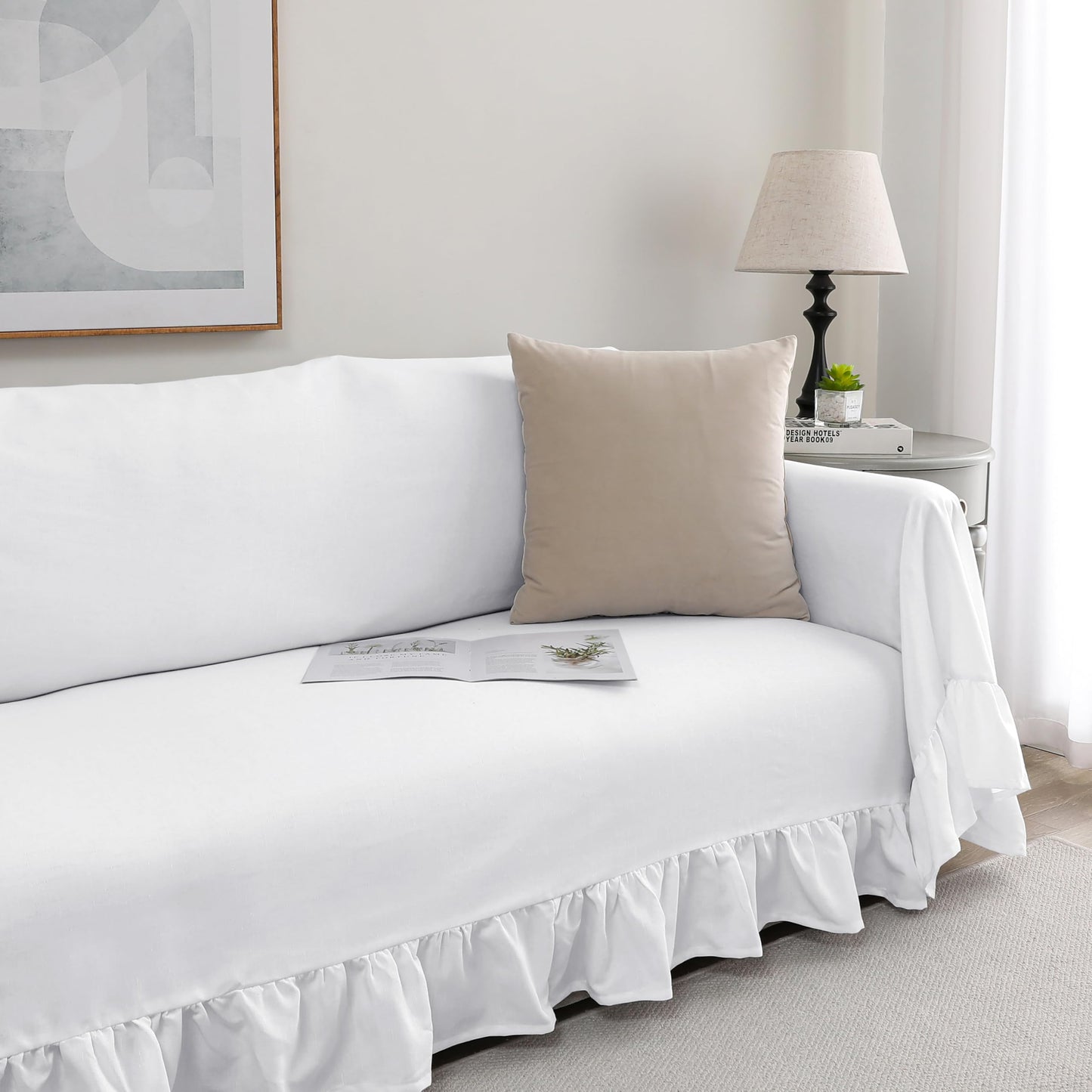 Castle Selection Rustic Linen Sofa Cover with Tie Strings, Full Couch Protector Durable Throw Slipcover Ruffled Edge (White, Sofa)