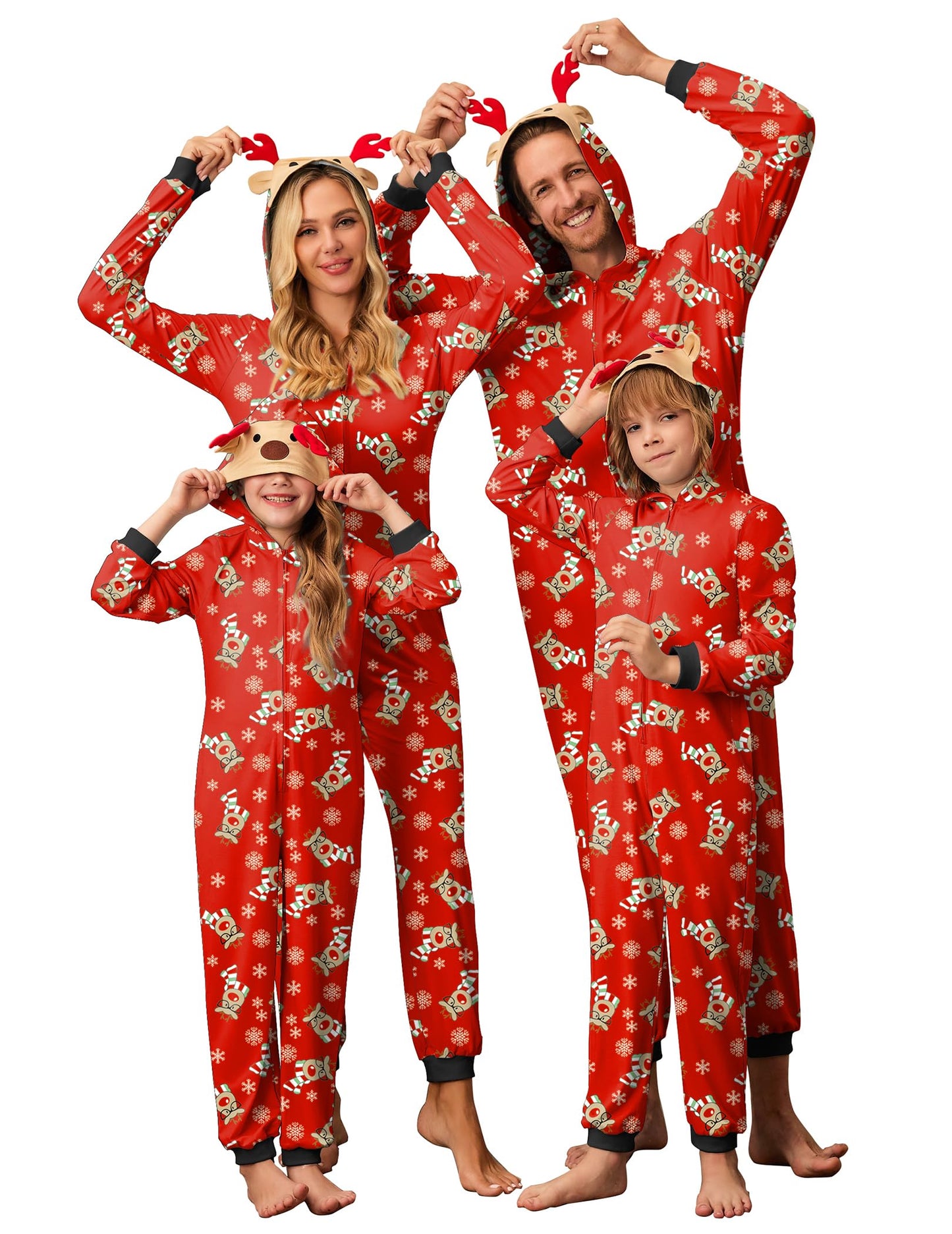 Ekouaer Christmas Onesie Matching Family Elk Antler Hooded Zipper One Piece Long Sleeve Pajamas with Pockets Reindeer Red S