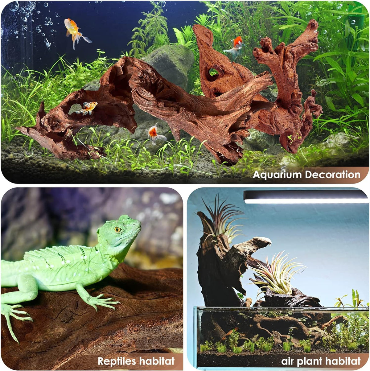 Jorewood Natural Aquarium Driftwood for Fish Tanks & Reptile Terrariums – Safe Fish Tank Decorations, Unique Twisted Branches 3-Piece 7-11 Inch Low Tannin, Easy to Sink