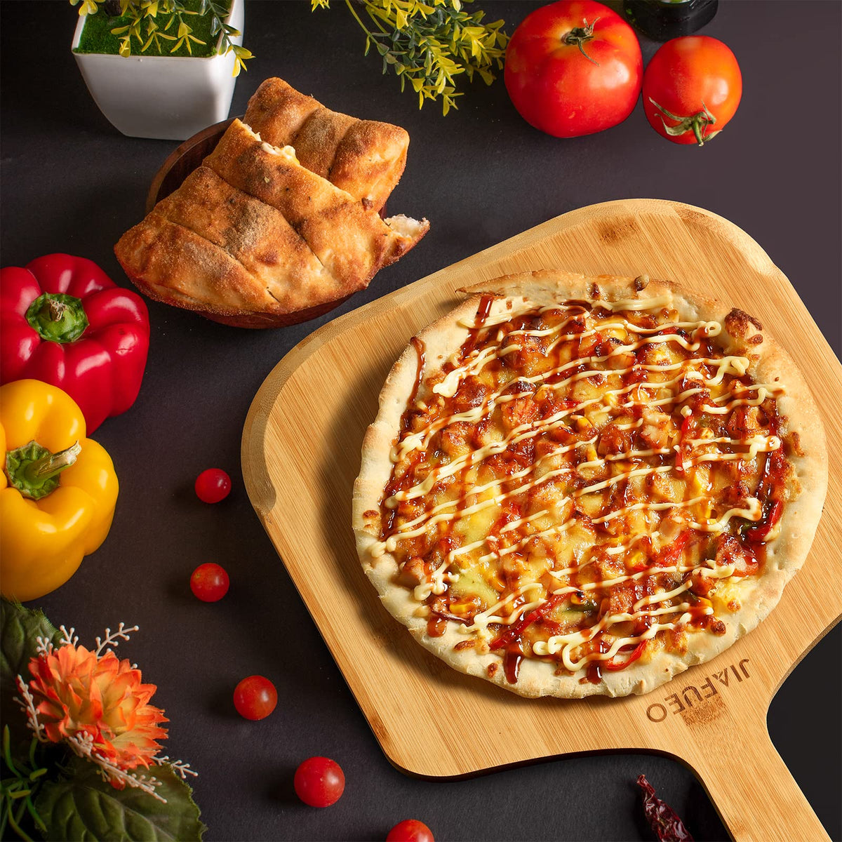 JIAFUEO Pizza Peel 12 inch, Bamboo Pizza Paddle Spatula - Wooden Serving Board, Oven Accessory for Baking Homemade, Wood Cutting Board for Cheese Bread Fruit Vegetables