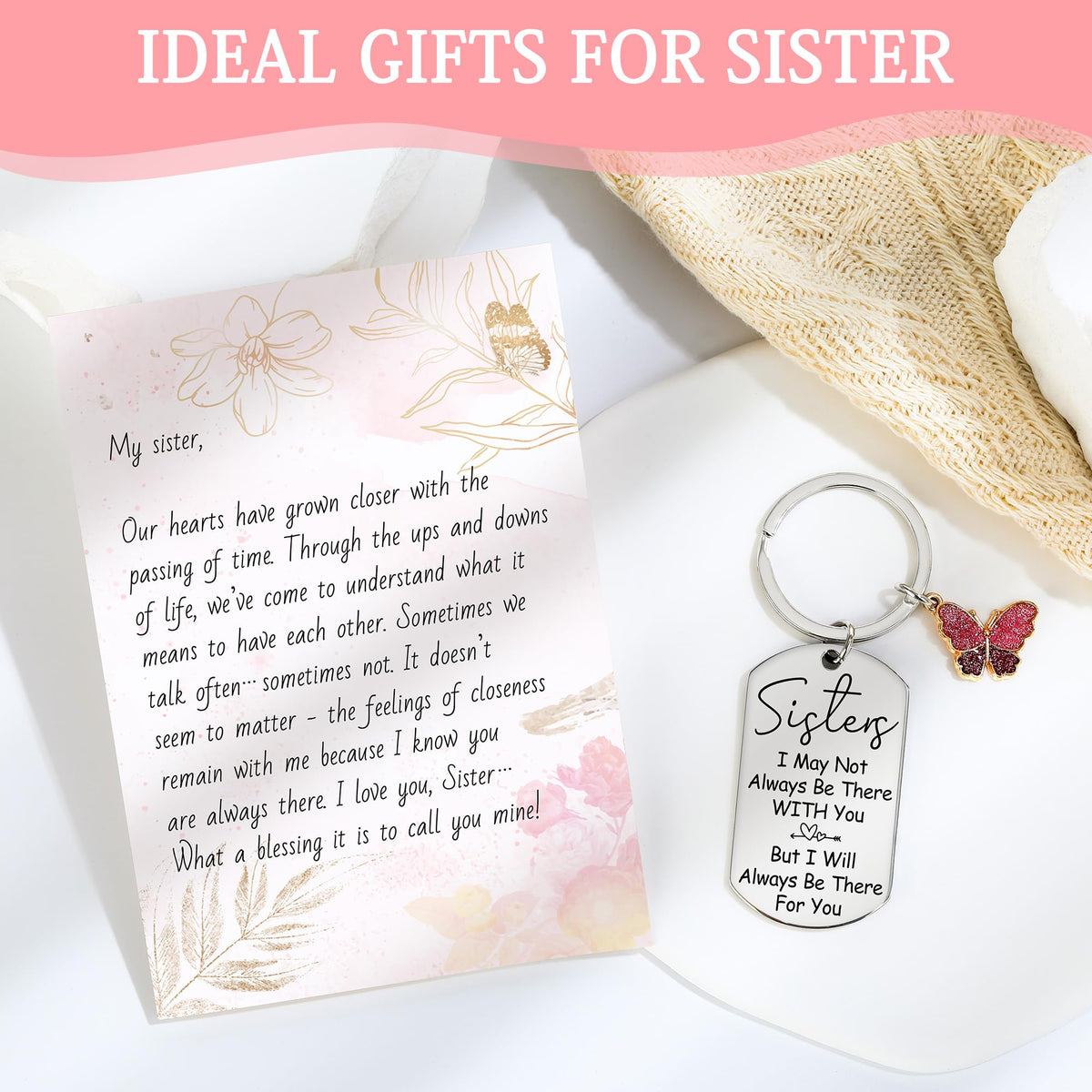 Sister Gifts from Sisters Birthday Gifts for Sisters Adult Best Sister Ever Gift Ideas for Women Cool Presents Set with Funny Glass Cup, Unique Makeup Bag, Scented Candle, Bracelet, Keychain, Card