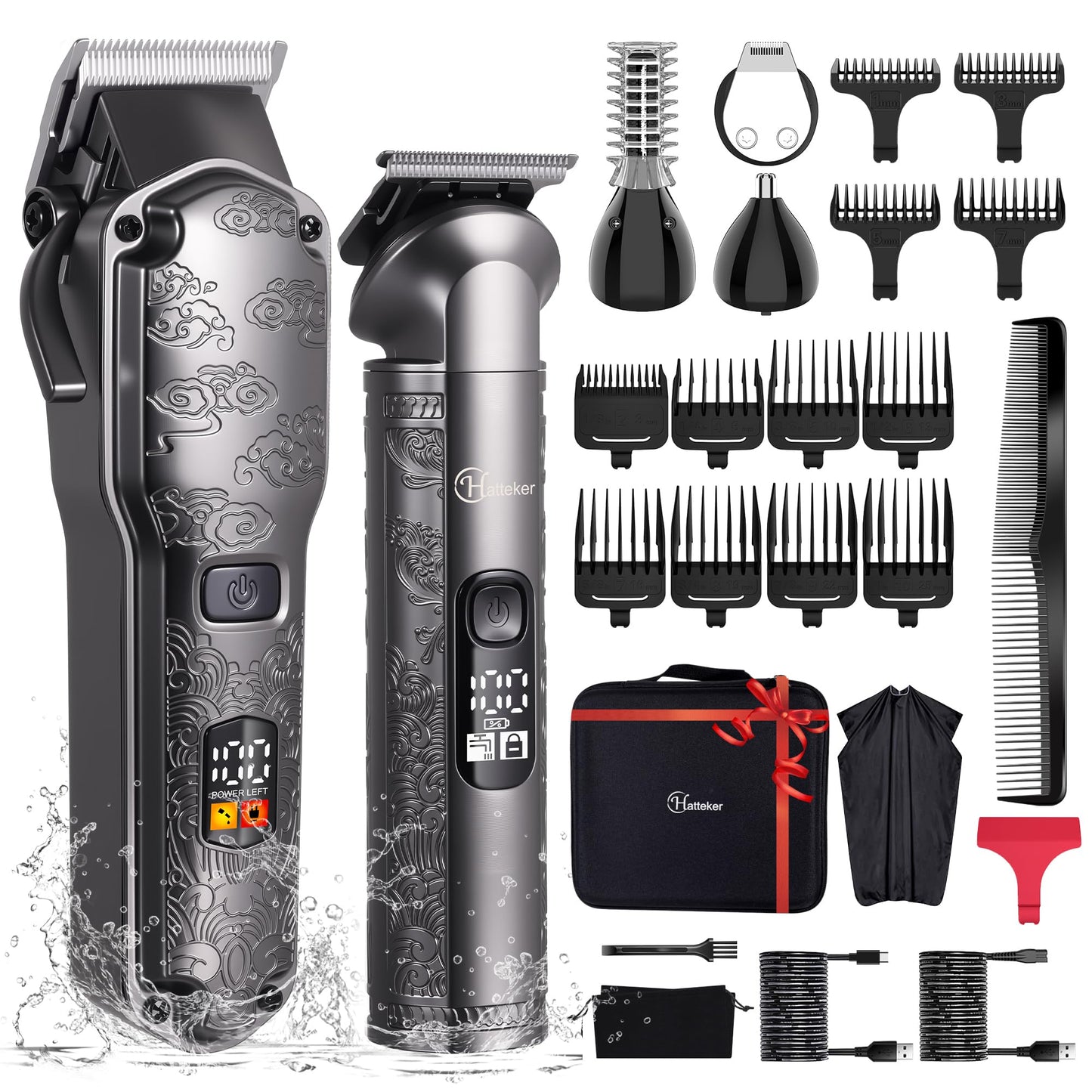 Hatteker Professional Hair Clippers for Men Beard Trimmer Clippers and Trimmer Set Waterproof T-Blade Trimmer Cordless Grooming Kit Nose Body Hair Trimmer Barber Clippers