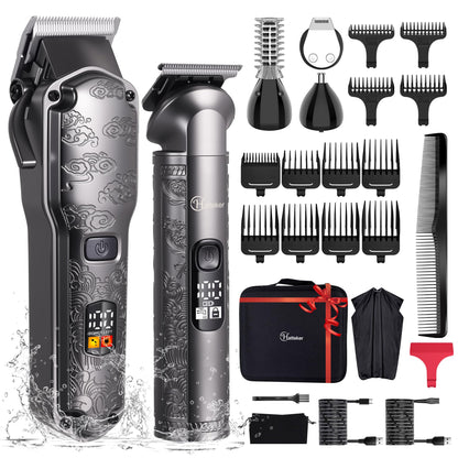 Hatteker Professional Hair Clippers for Men Beard Trimmer Clippers and Trimmer Set Waterproof T-Blade Trimmer Cordless Grooming Kit Nose Body Hair Trimmer Barber Clippers