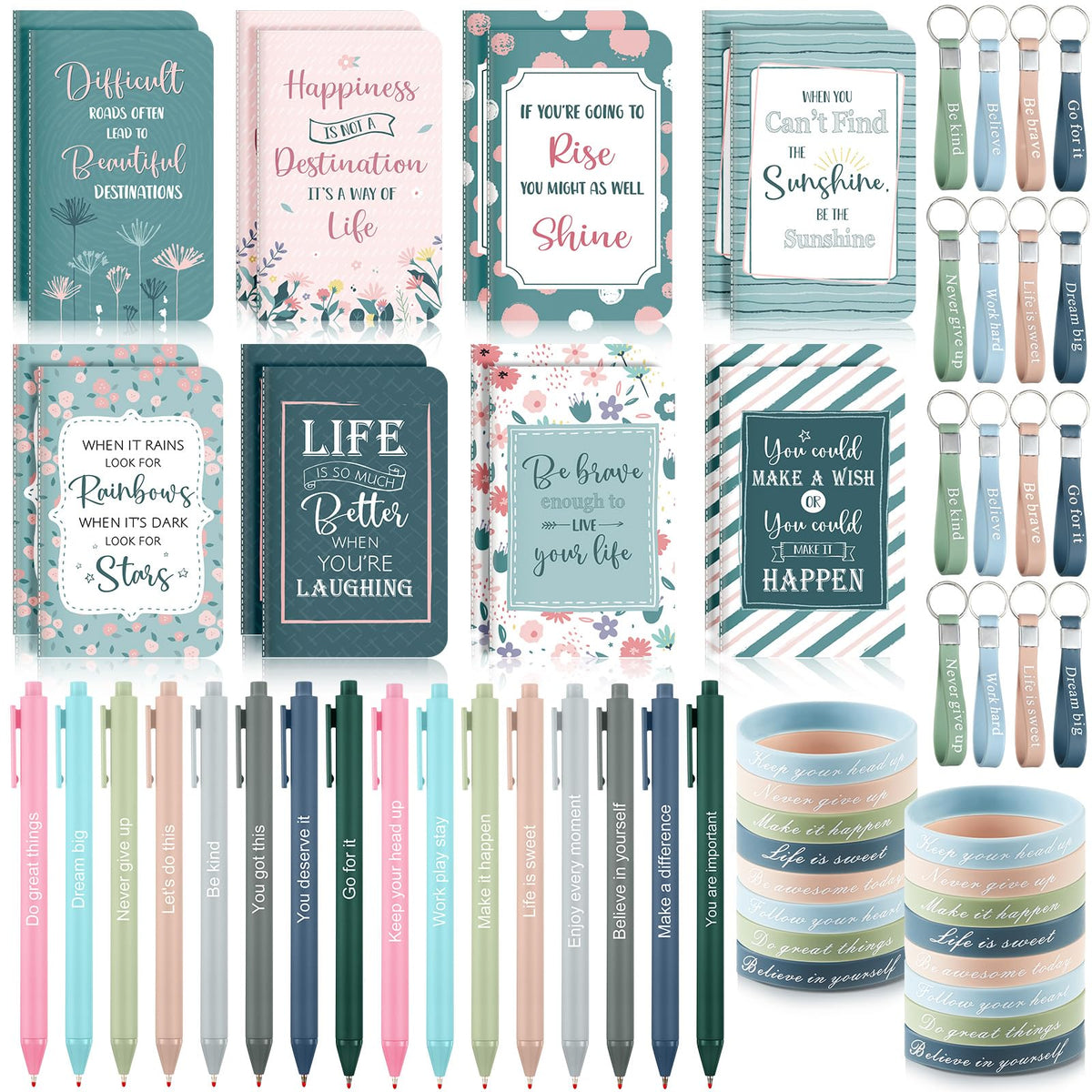 PerKoop 64 Pcs Inspirational Gifts Bulk 16 Motivational Notebooks Journal 16 Ballpoint Pens 16 Wristbands 16 Keychains for Teacher Office Women Employee Party Favor(Morandi)