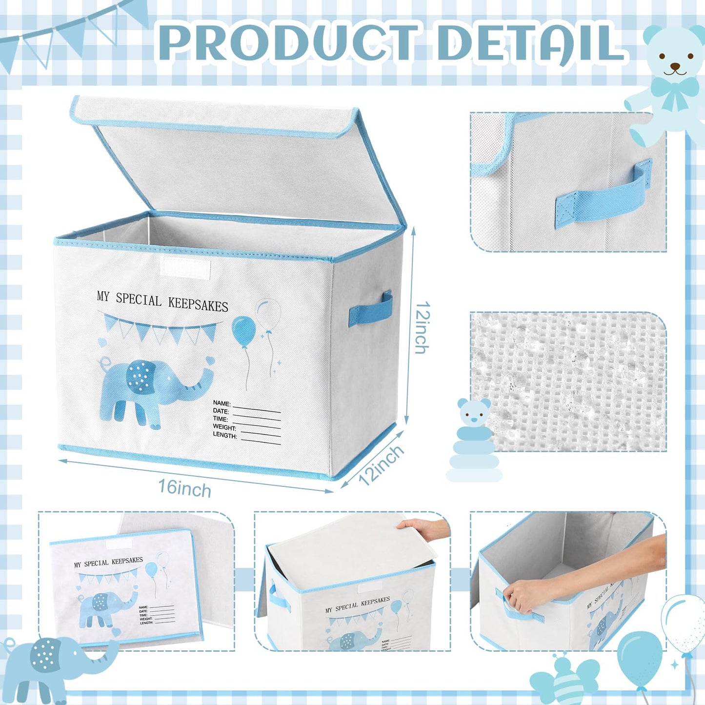 LemonRoad Baby Memory Keepsake Box 16x12x12inch Baby Shower Elephant First Keepsake Box New Parent Newborn Baptismal Birthday Gift for Mementos Travel Loved Ones Treasured Keepsakes(Blue)