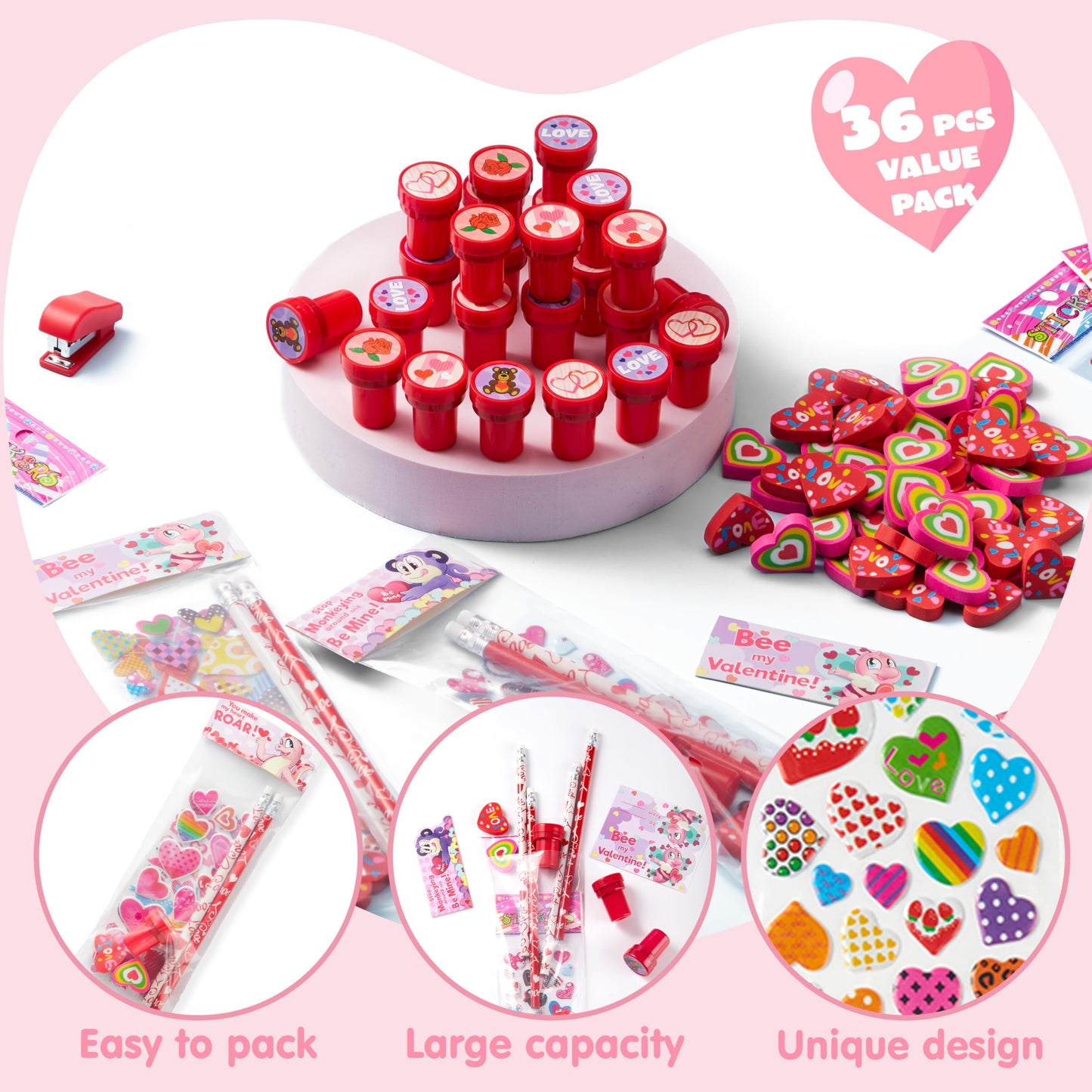 JOYIN 24packs Valentines Day Stationery Gifts, 96pcs Party Favor with Pencil, Erasers, Notebook & Bags for Kids School Classroom Exchange Supplies