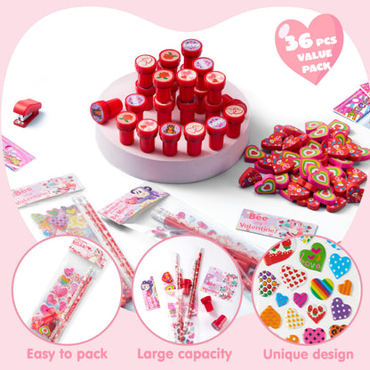 JOYIN 24packs Valentines Day Stationery Gifts, 96pcs Party Favor with Pencil, Erasers, Notebook & Bags for Kids School Classroom Exchange Supplies