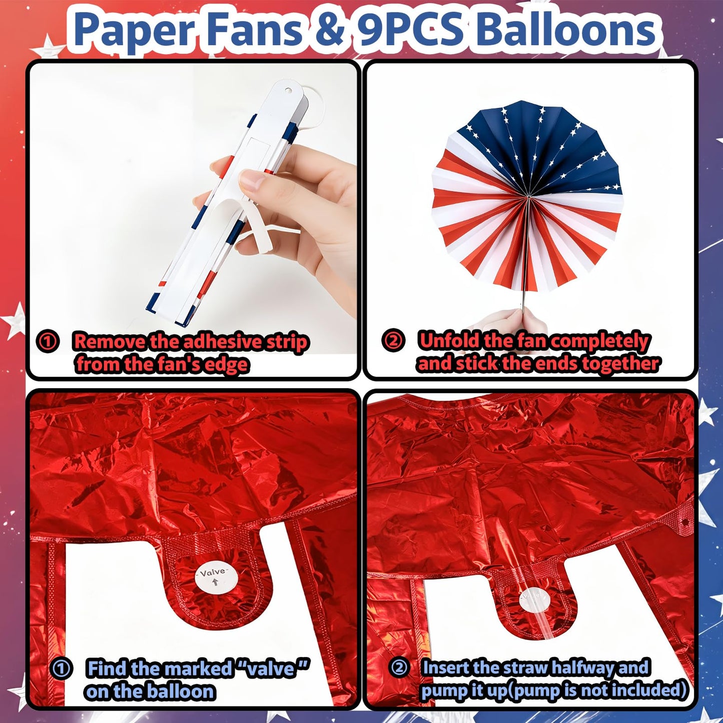 Onfunlee 4th of July Decorations Set, 34PCS Patriotic Memorial Day Decoration US 250th Anniversary Decor, Red White Blue Party Supplies with Paper Fans, Banner, Swirls, Pom Poms for Independence Day