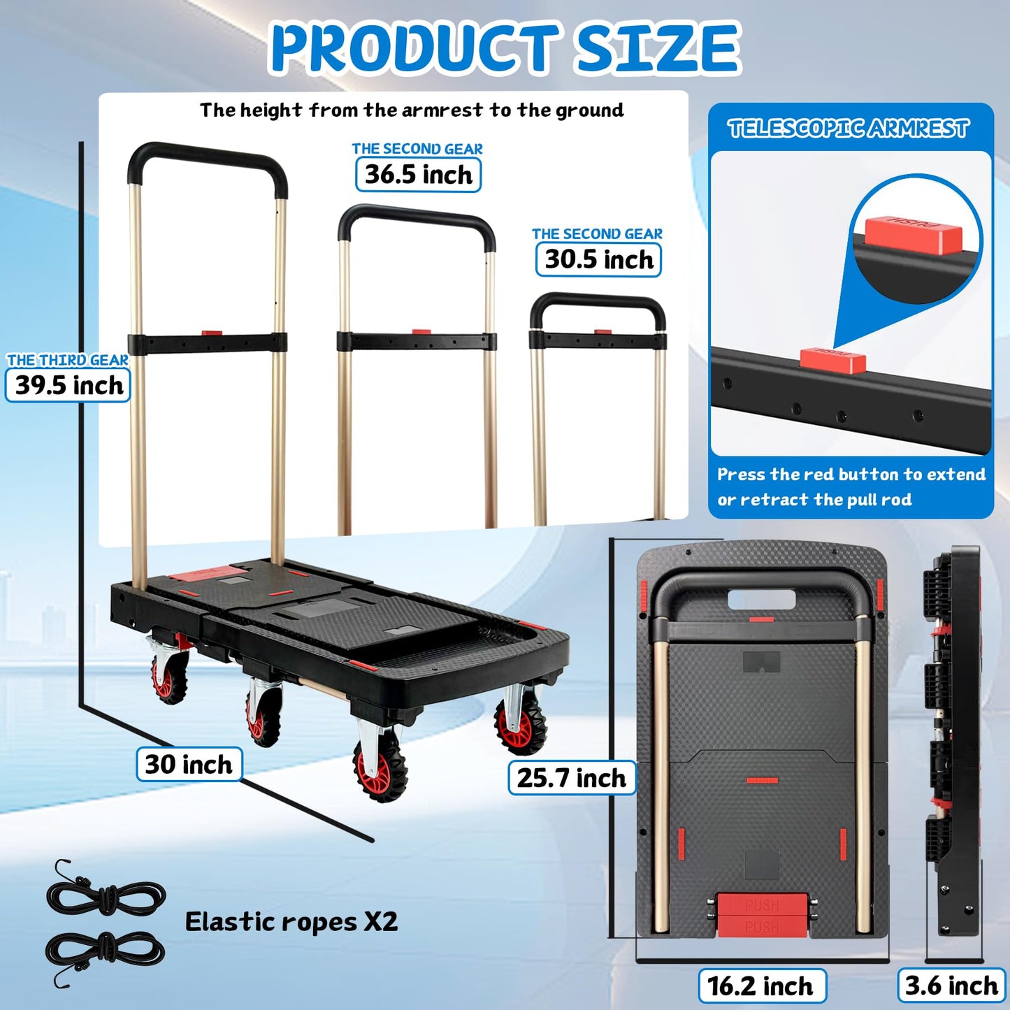 Heavy Duty 600lbs Capacity Platform Truck, Collapsible Dolly Cart w/Brake Wheel, Retractable Platform & Handle,Sponge Grip,Portable Dolly Cart for Luggage,Camping,Delivery & Storage