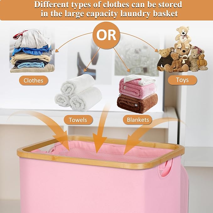 100L Laundry Hamper with Lid, Lagre Basket with Bamboo Handles, Foldable