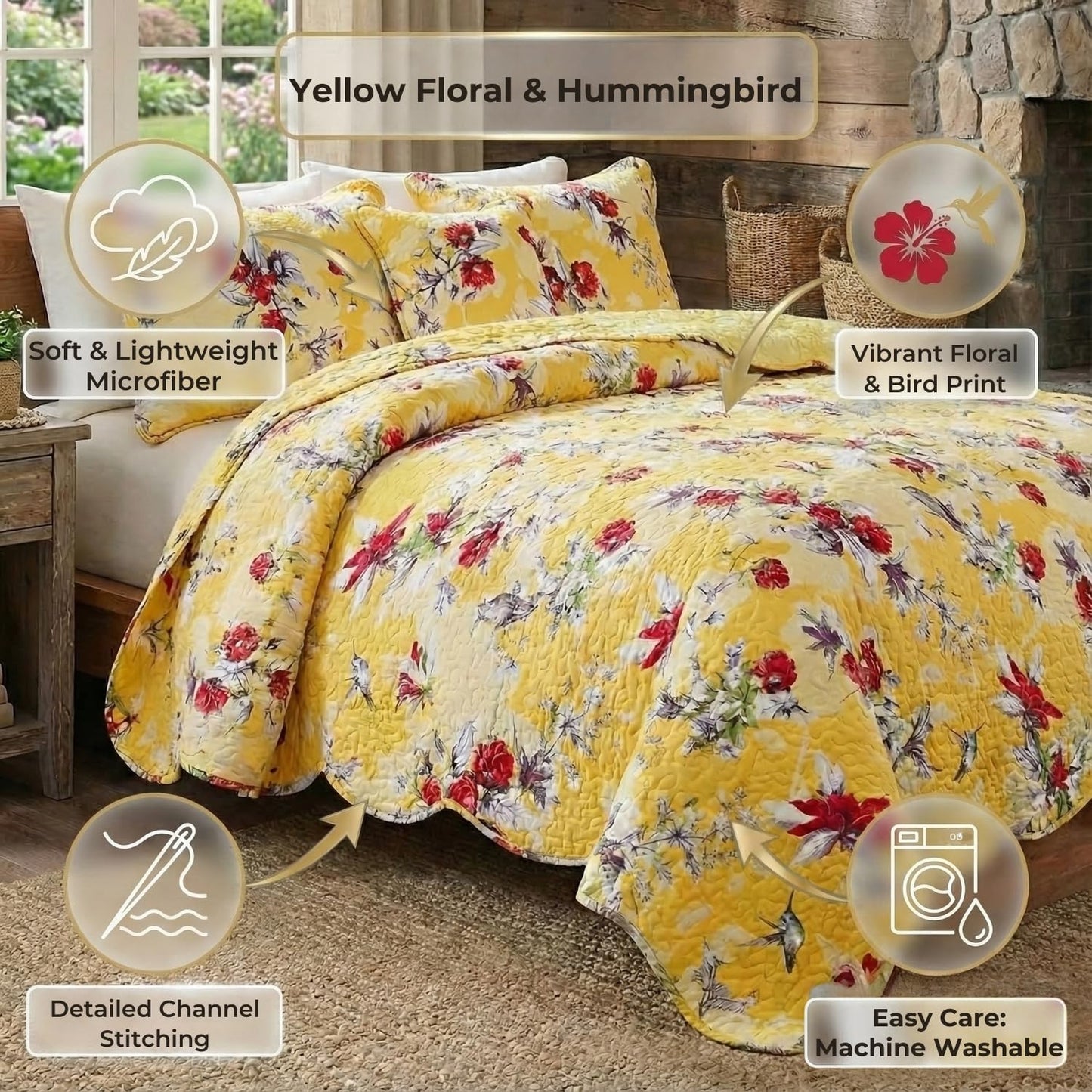 DaDa Bedding Radiant Sunshine Yellow Floral Bedspread Set - Hummingbirds Farmhouse Red Flowers Garden Quilted Coverlet - Scalloped Edges Bright Vibrant Multi-Colorful - Queen - 3-Pieces