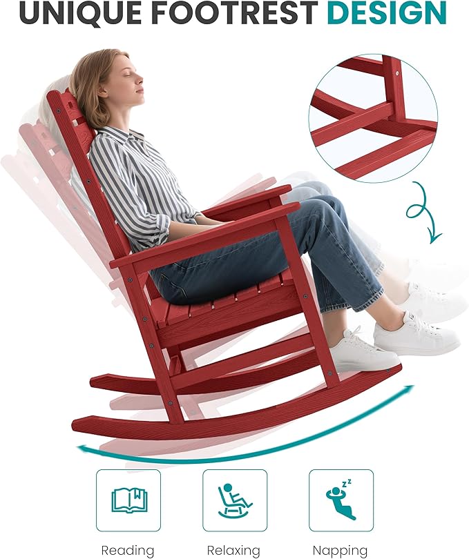 SERWALL Outdoor Rocking Chair Set of 4, Oversized HDPE Patio Rocking Chair with Footrest for Adults, All Weather Porch Rocker for Deck Patio Balcony, Red