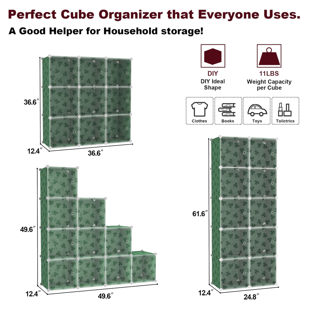 C&AHOME Cube Storage Organizer with Doors, 10-Cube Shelves, DIY Plastic Modular Bookshelf, Closet Clothes Storage Shelving Ideal for Bedroom, Living Room, Clover Embossed, Green