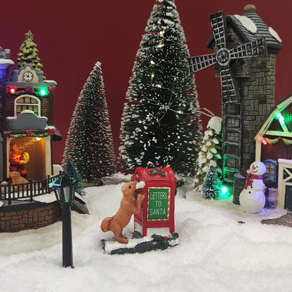 HUNTHAWK Christmas Village Accessories Santa's Mailbox Village Sets Home Collection Ornament Christmas Decoration Cute Resin Puppy for Christmas Festival