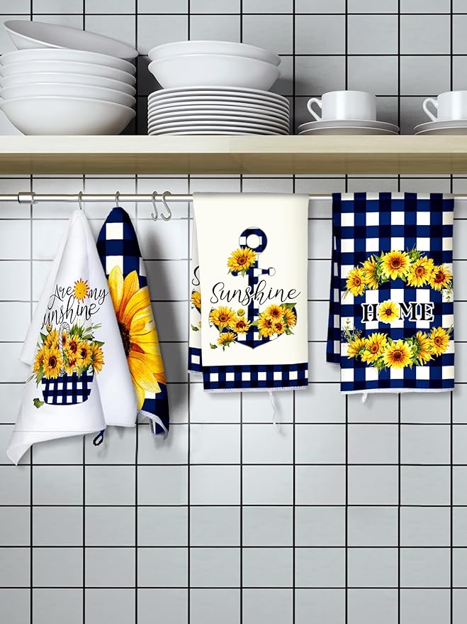 Bencailor 4 Pcs Sunflower Kitchen Towels Blue and White Floral Hand Dish Towels