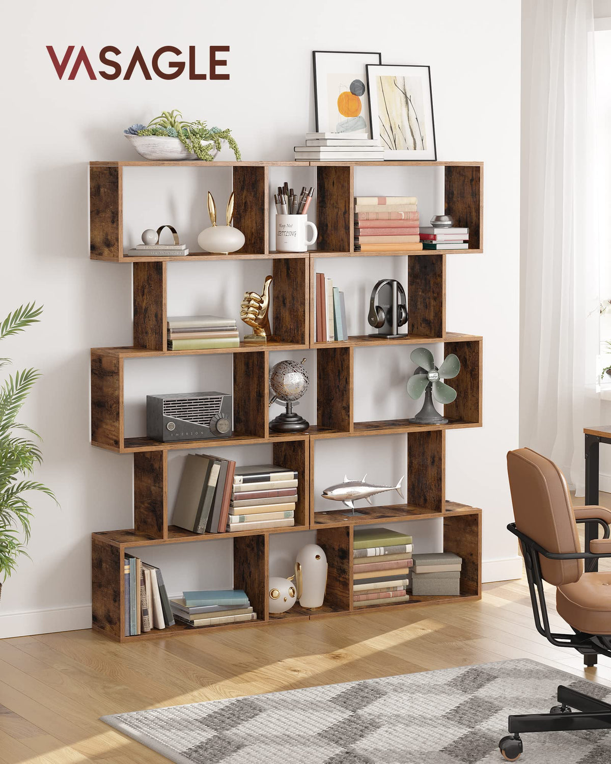 VASAGLE Custos Collection - Bookshelf, 5-Tier Bookcase, Tall Display Shelf, Freestanding Storage Shelf, Room Divider, for Home Office, Living Room, Bedroom, Study, Rustic Brown ULBC62BXS