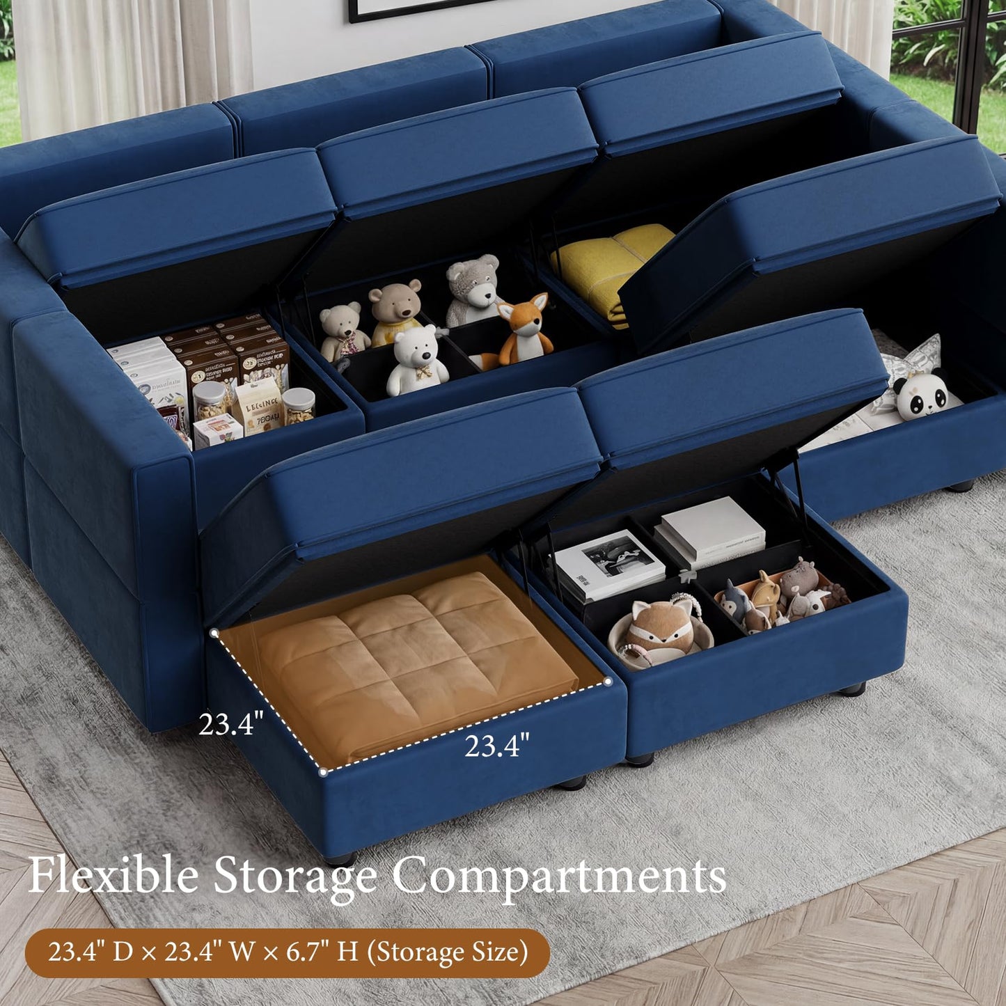 Vesgantti Sectional Sleeper Sofas with Storage, 92" Sofa Bed with 6 Seats Storage Chaises Removable Cover, Deep Seat Modular Couches Velvet Couch Set for Living Room, Apartment, Home Theater, Blue