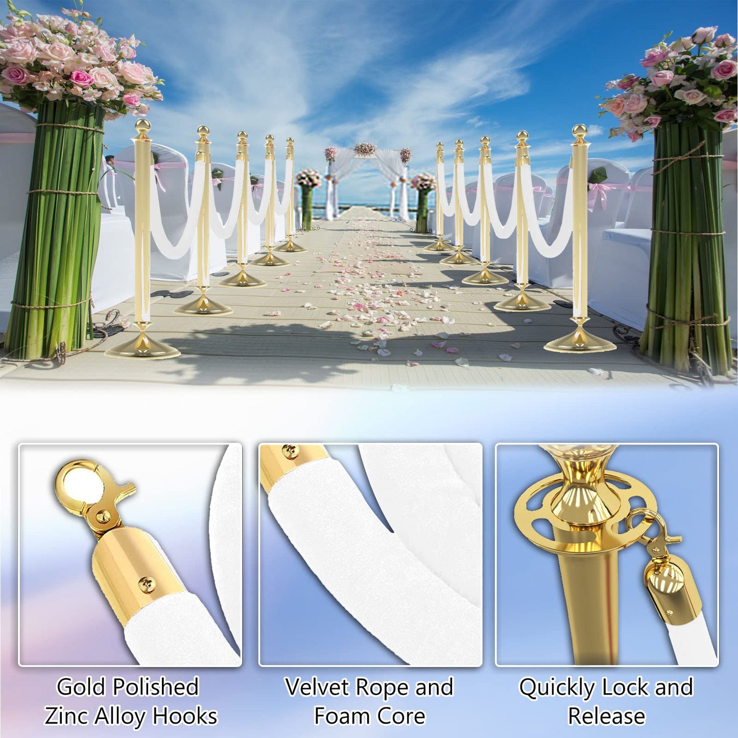 Hrokz 5 Ft Velvet Stanchion Ropes White, 4 Pack Crowd Control Rope Safety Queue Barrier with Gold Hook, VIP Rope for Party Events Decor