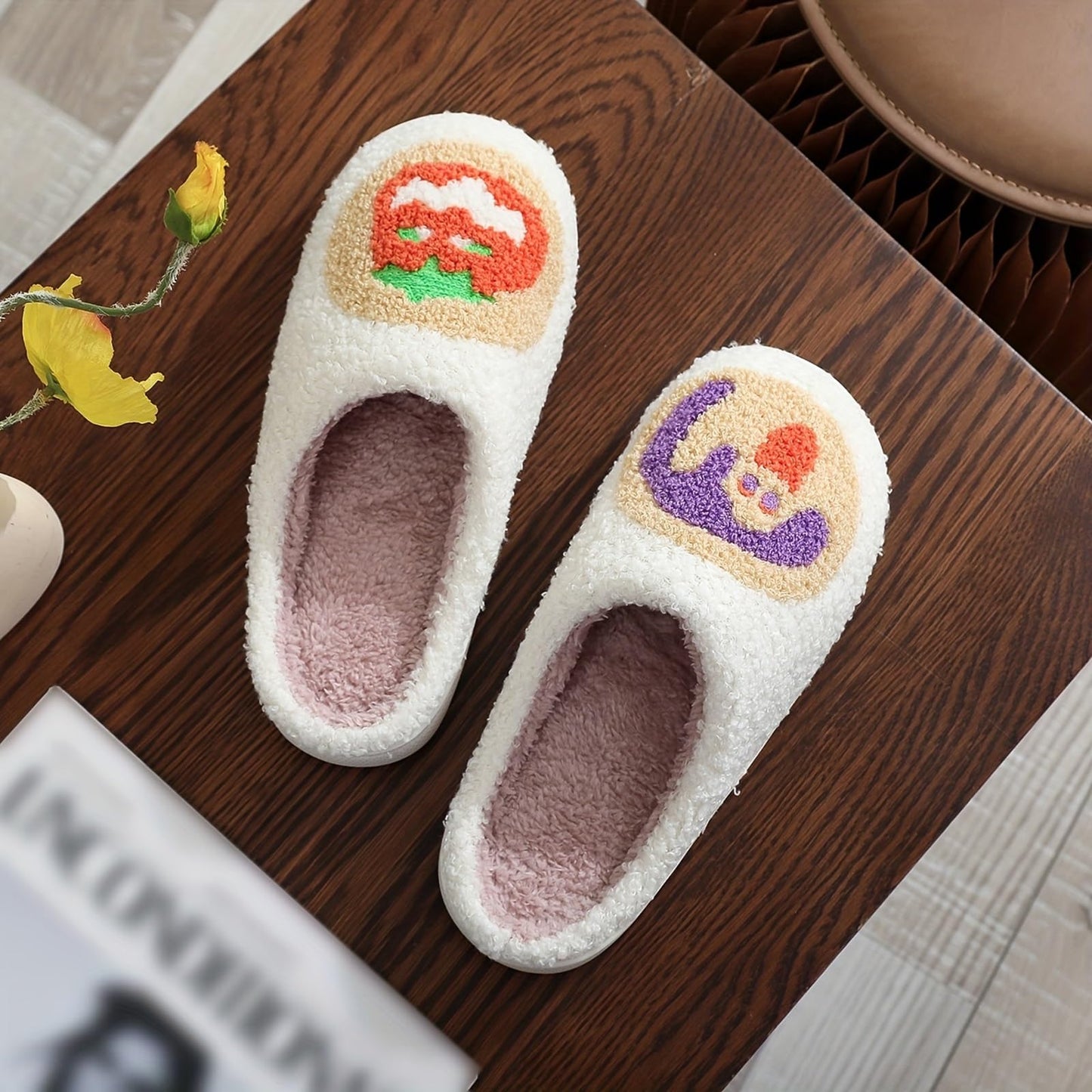 LNERIP Women's Men's Sugar Cookie Slippers Pumpkin Lantern Slipper Memory Foam Warm Plush Funny Halloween Cookies Slippers Embroidery Print House Shoes 41-42
