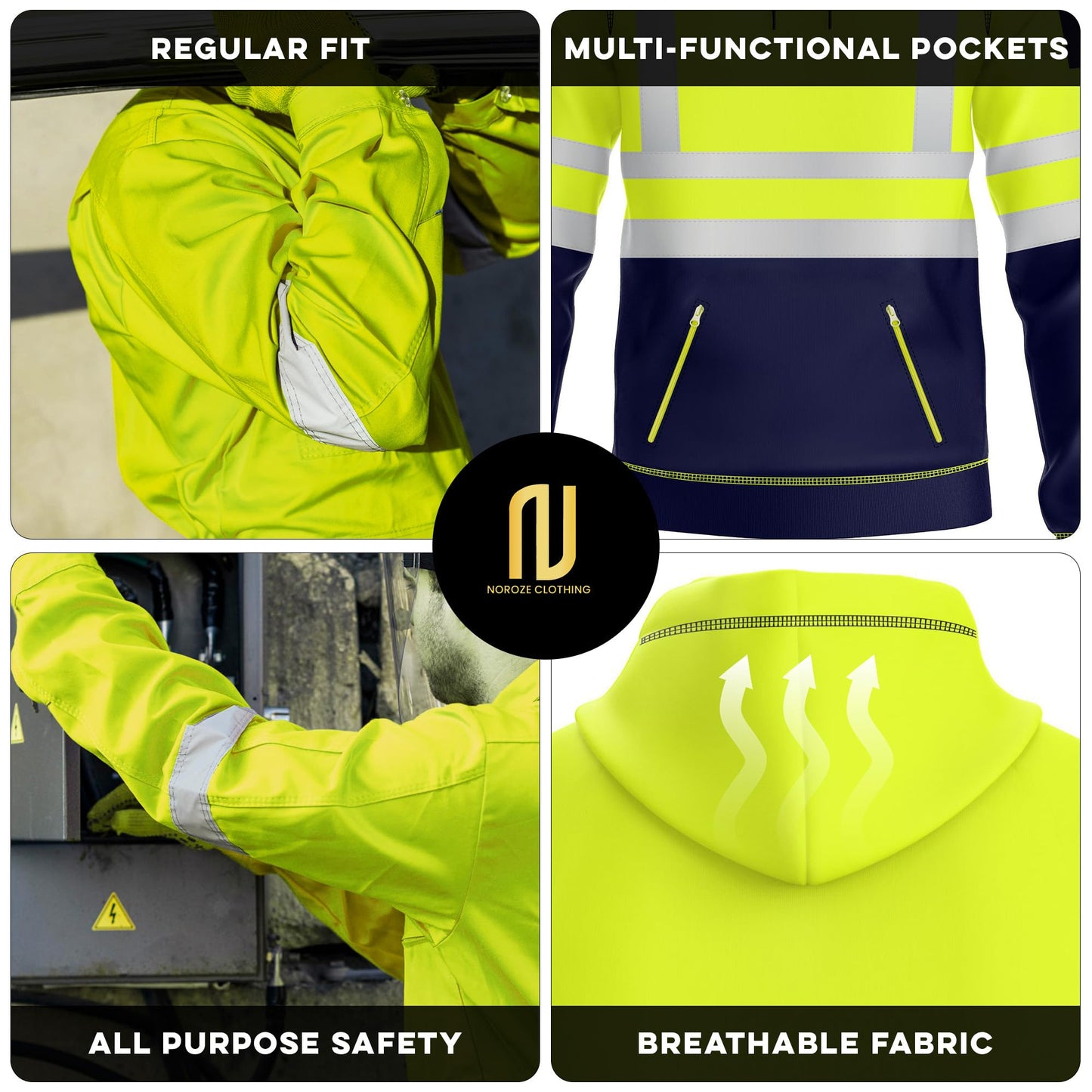 NOROZE Mens Hi Vis Hoodie with Reflective Tape, Pullover High Vis Hoodie for Safety Workwear– 4 Utility Zipped Pockets, Work Hoodies for Men, High Visibility Hooded (M, Style 1: Neon Green/Navy)
