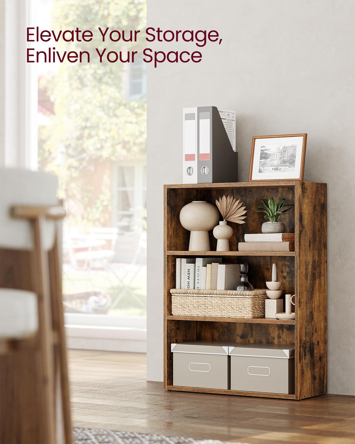 VASAGLE CUSTOS Collection - Bookshelf, 3-Tier Bookcase, Book Shelf, Open Storage Shelf, 9.4 x 23.6 x 32 Inches, for Living Room, Home Office, Dinning Room, Rustic Brown ULBC163X01