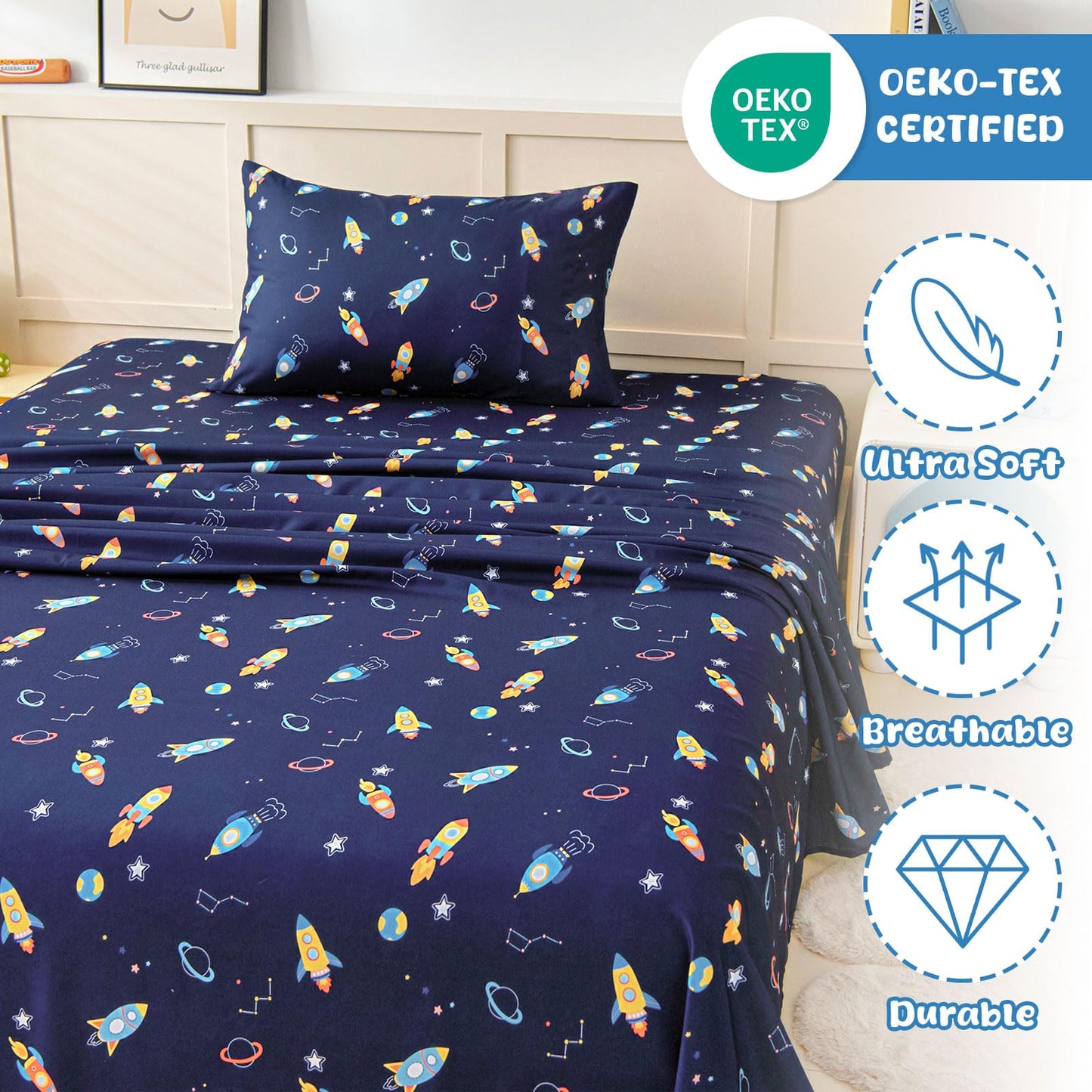 Swiftify Full Size Sheet Set for Kids Boys, 4-Piece Bed Sheet Set for Teens Boys Girls, Cartoon Printed Bedding Set, Microfiber Deep Pocket, Wrinkle & Fade Resistant, Space Rocket