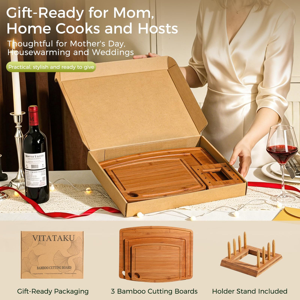 VITATAKU Bamboo Cutting Boards for Kitchen, 15.4" Deep Carbonized Wood Cutting Board with Storage Stand, 3 Piece Extra Thick Cutting Board Set with Deep Juice Grooves, Gift for Charcuterie Boards
