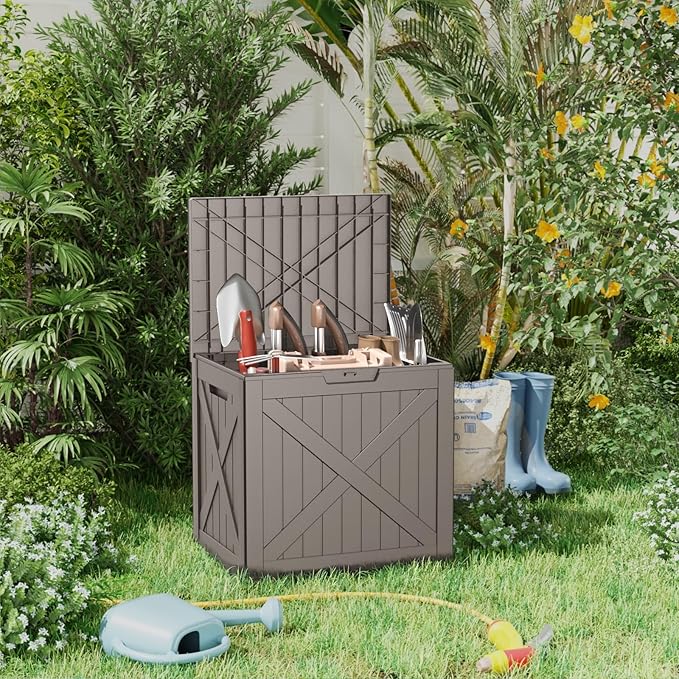 ROJIK 32 Gallon Outdoor Storage Housing Deck Box,Waterproof Patio Furniture, Garden Tools, Cushions, Pool Accessories Storage Bench with Lockable Lid and Side Handles(Grey)