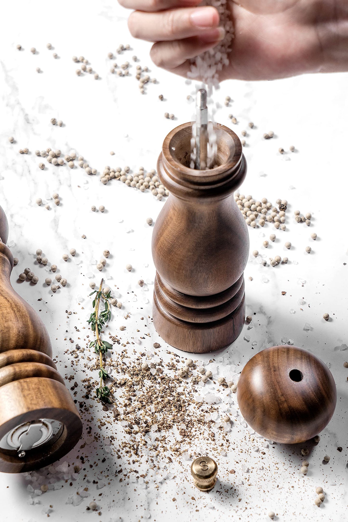 BILL.F Pepper Grinder,Wood Salt and Pepper Grinder Mills Sets, Acacia Wood Manual Salt Grinder Refillable Pepper Mill Sets with Adjustable Ceramic Grinding Rotor - 7 Inch-Set of 2