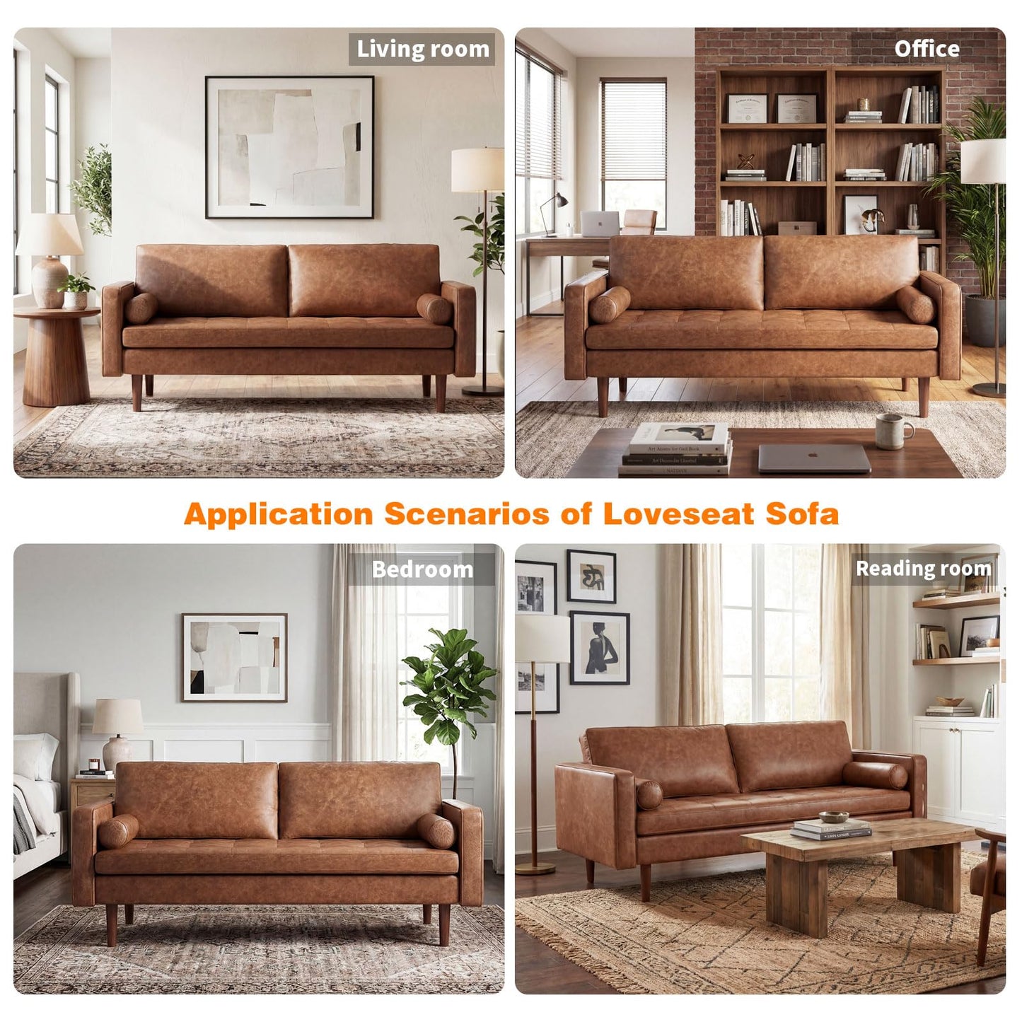 Meeyar 70" Mid-Century Modern Sofa Couch – Faux Leather Loveseat Sofa with Deep Seat & Solid Wood Frame – Includes 2 Accent Pillows –Dark Brown Living Room Bedroom Office