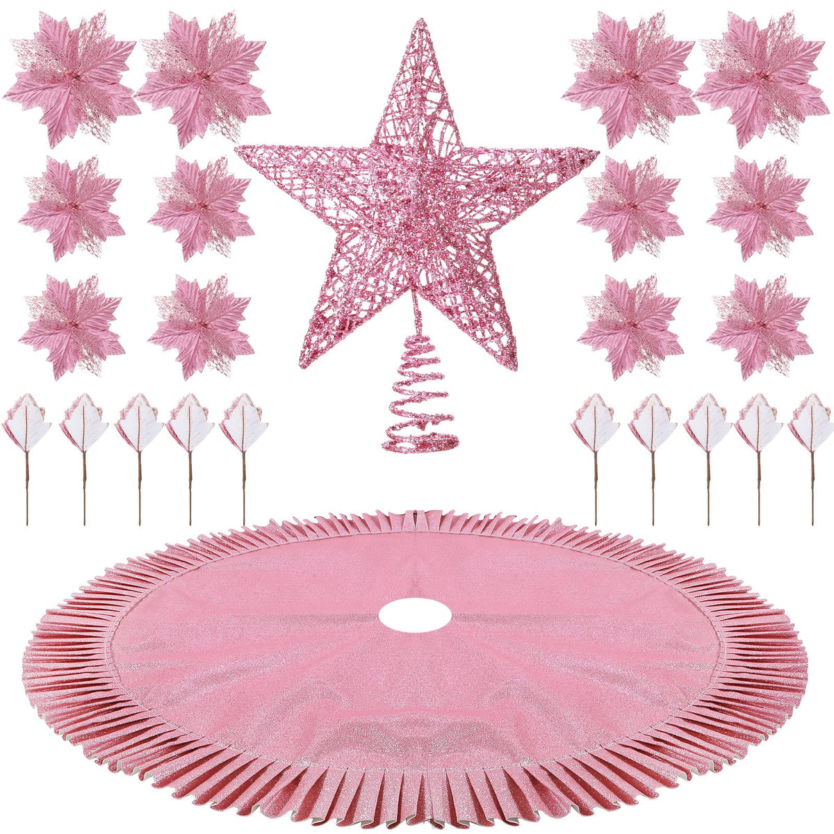 Sratte 6 inch Glittered Christmas Tree Topper Metal Christmas Star Treetop 31.5 Inch Glittered Christmas Tree Skirt and Christmas Flowers Decoration for Xmas Home Door Decor (Pink)