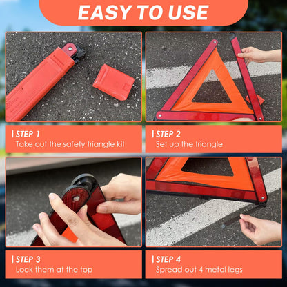 NATGAI 3 Pack Emergency Warning Triangles, Reflective Roadside Safety Triangle Kit with Storage Case and 3 Pack High-Visibility Safety Vests, Foldable Reflective Triangles for Roadside Emergencies